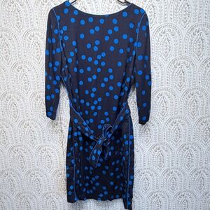 Boden Polka Dot Dress Womens 10 Navy Blue Belted 3/4 Sleeve Shift Knee Length